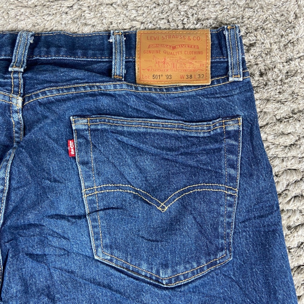 Levi's 501 '93 Premium Jeans Men 38x32 Blue Denim Straight Button Fly Distressed
